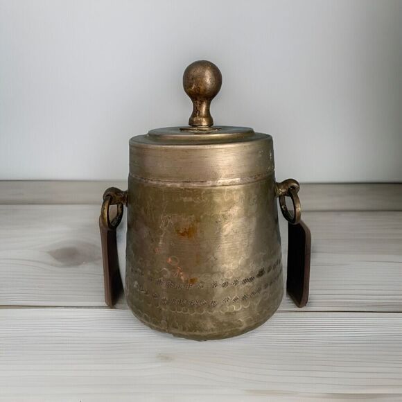 Antique Tobacco Jar Hammered Metal w/ Lid Green Glass Insert Smoking Cigars - Picture 1 of 14